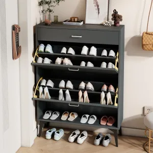 classic Shoe Cabinet with 2 Flip Drawers and Open Shelf,Free Standing Shoe Racks Storage Cabinet with Metal Legs,Shoe Rack Organizer Entrance Shoe Storage Cabinet Narrow Closet for Entryway Hallway,White
