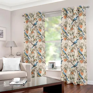 Golden Blue Bird Floral Petal Printed Curtain Set