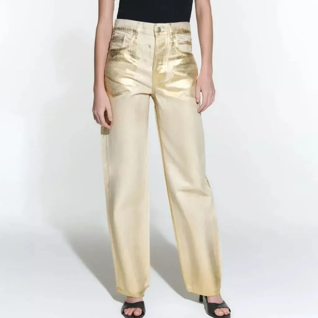 High Waist Gold Coated Straight Jeans