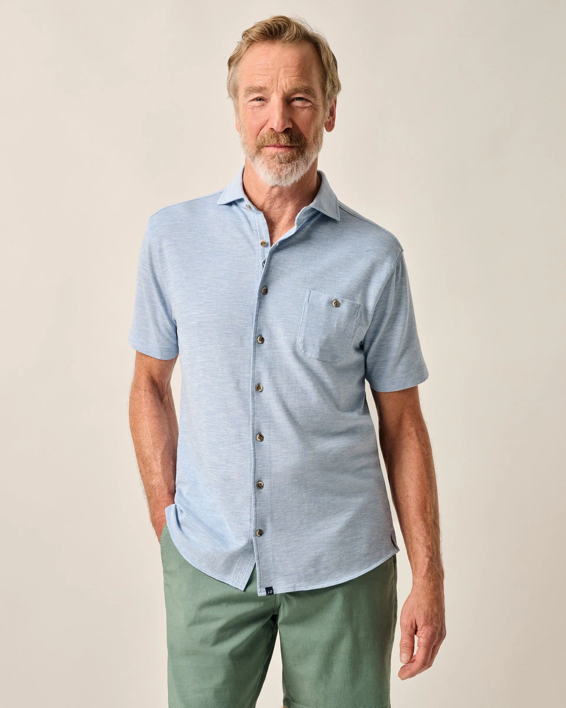 Short-Sleeve Knit Pique Button-Down Shirt - Tasca