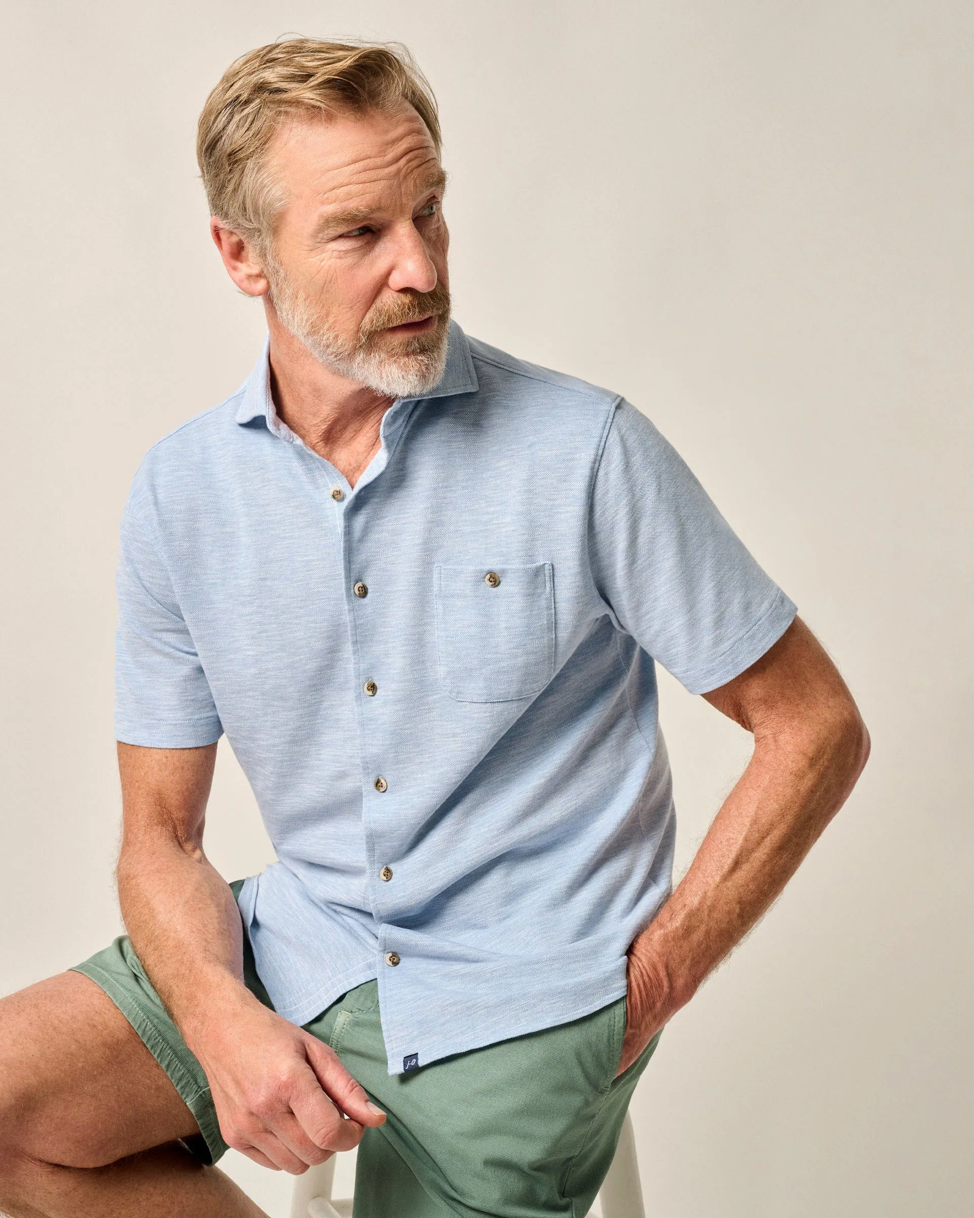 Short-Sleeve Knit Pique Button-Down Shirt - Tasca