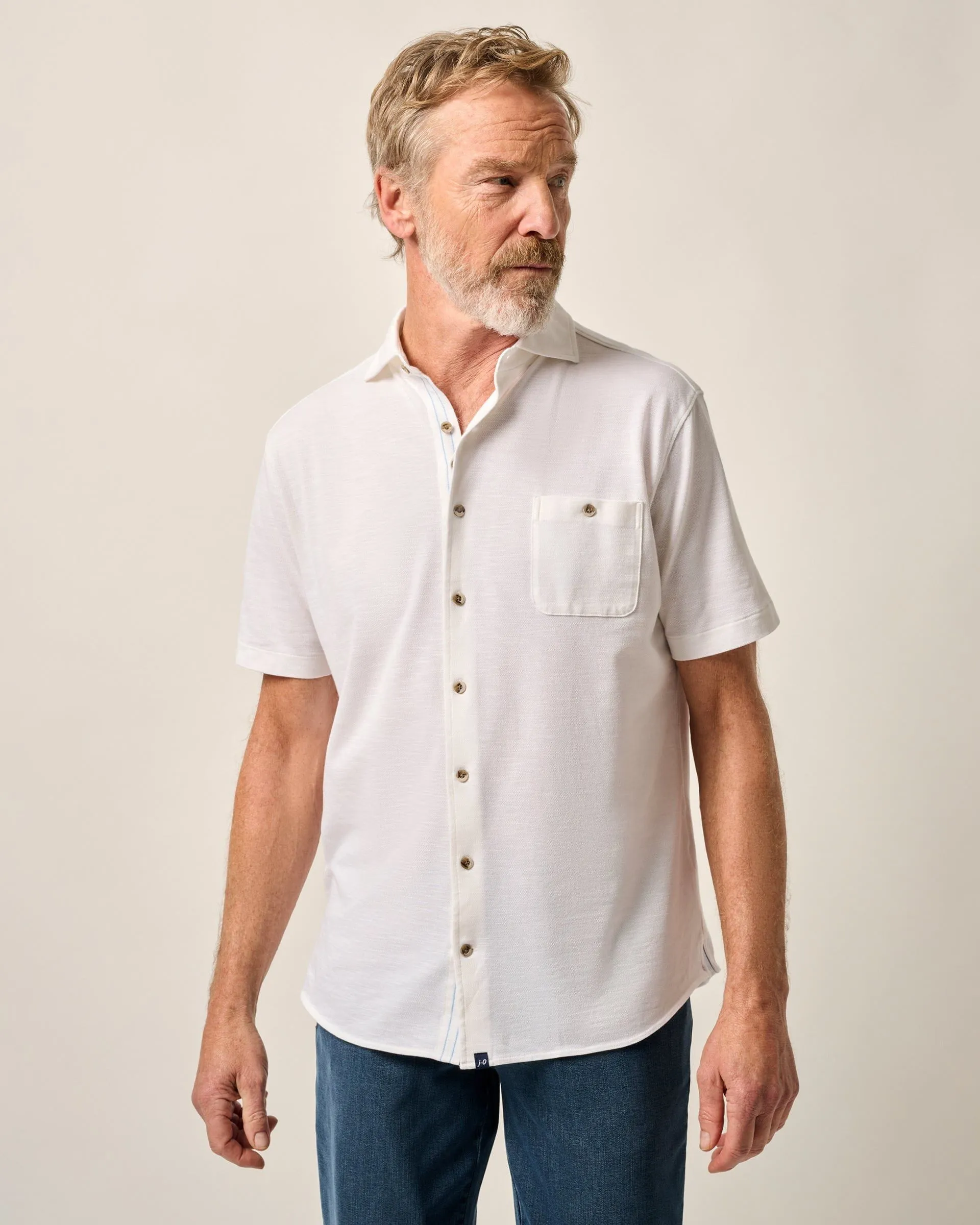 Short-Sleeve Knit Pique Button-Down Shirt - Tasca