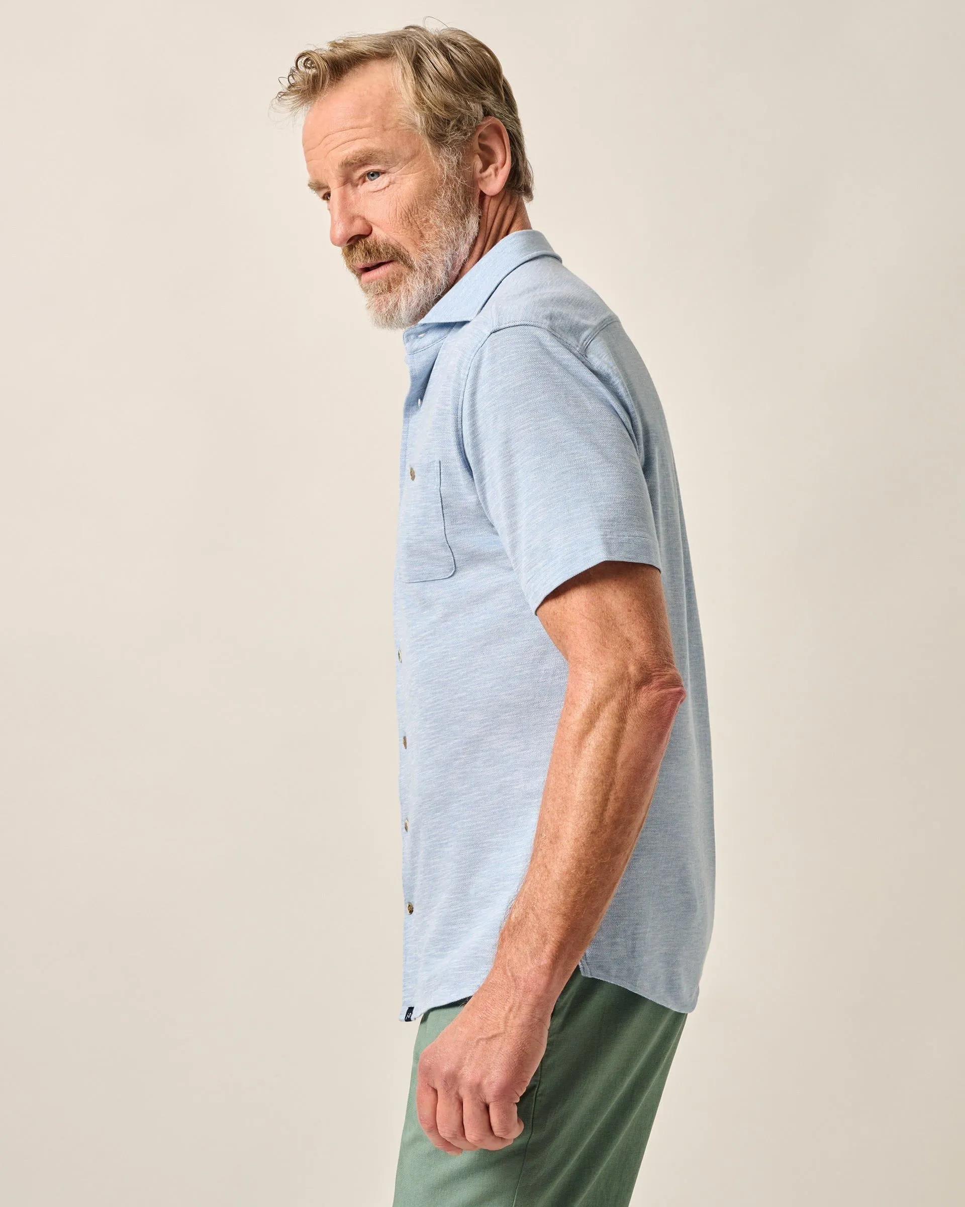 Short-Sleeve Knit Pique Button-Down Shirt - Tasca