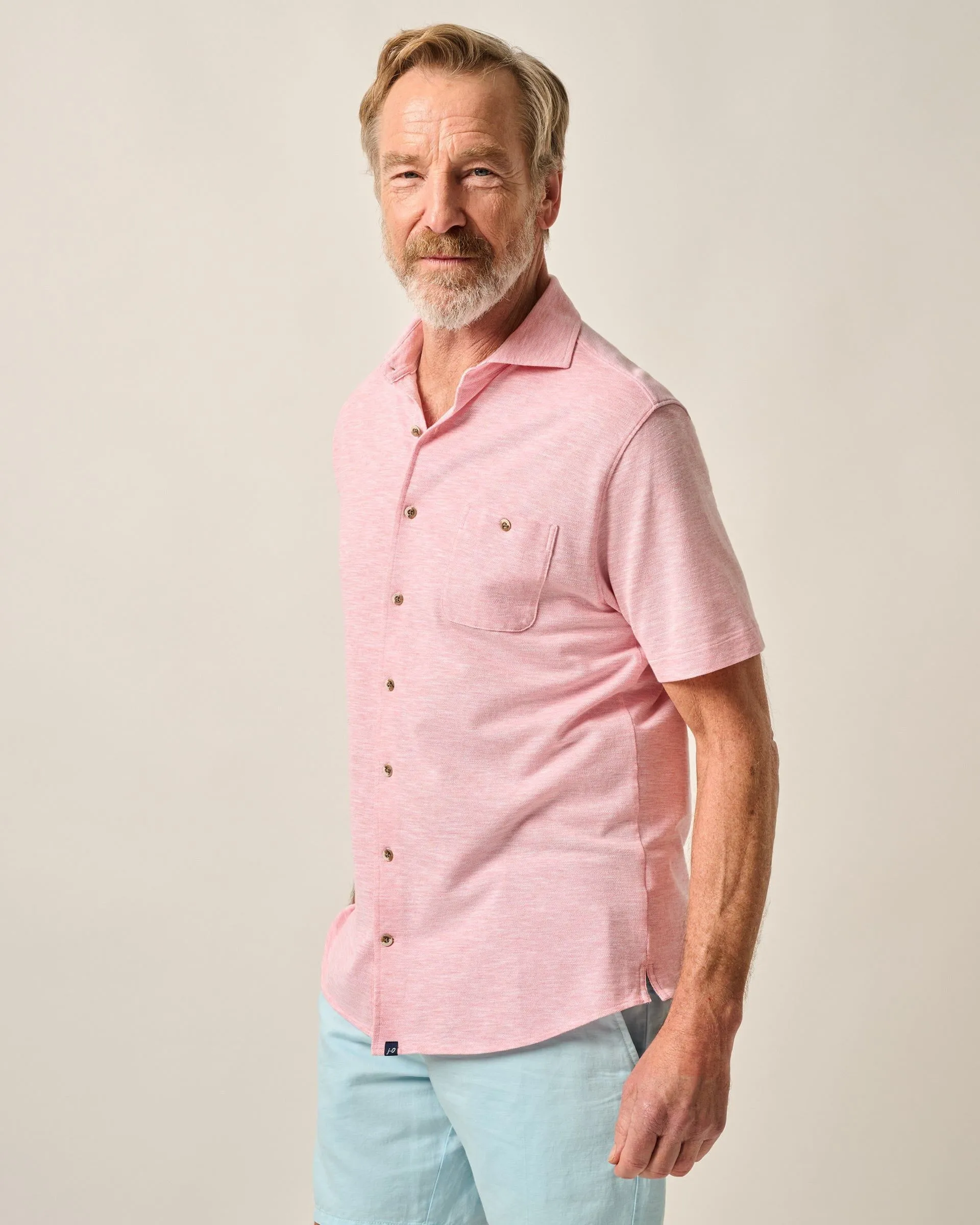 Short-Sleeve Knit Pique Button-Down Shirt - Tasca