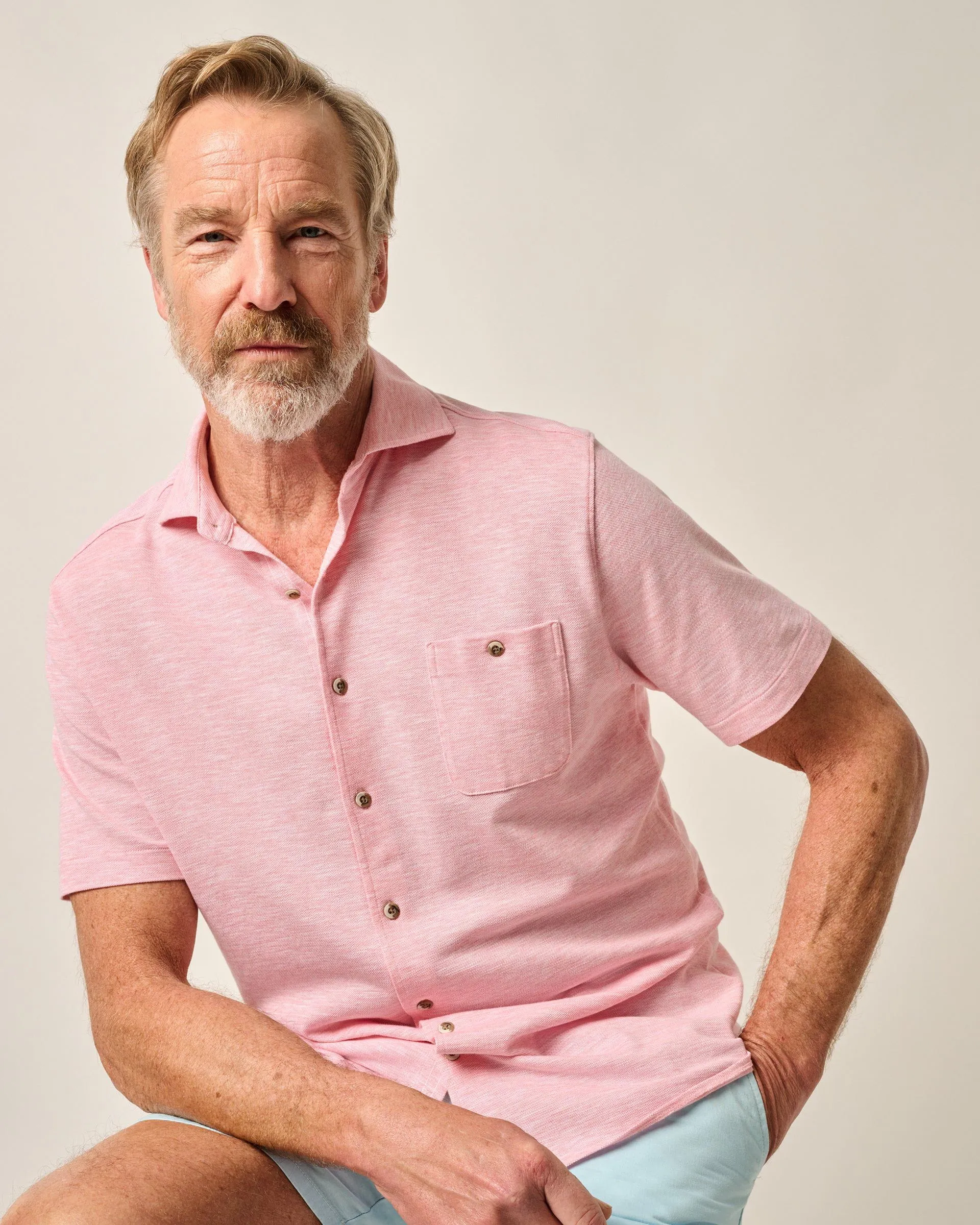 Short-Sleeve Knit Pique Button-Down Shirt - Tasca