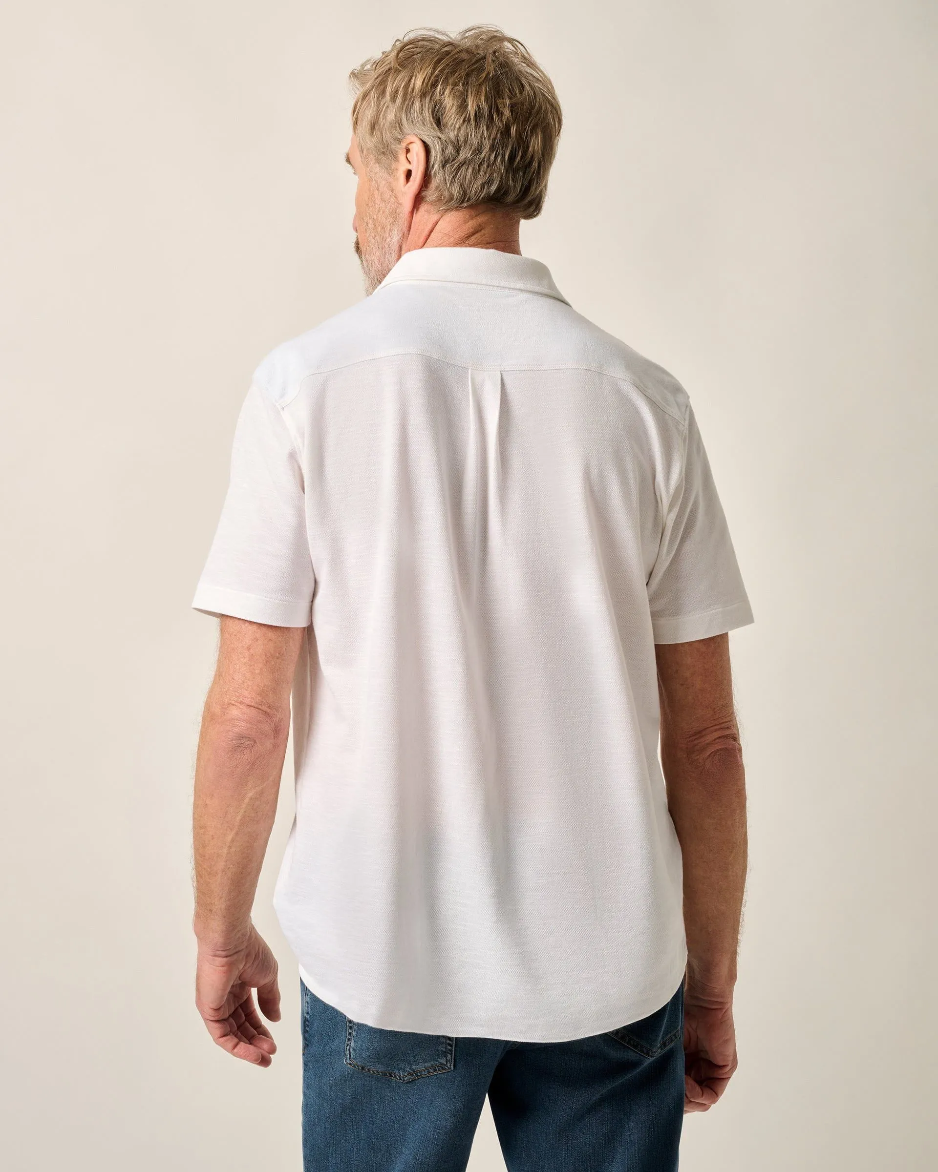 Short-Sleeve Knit Pique Button-Down Shirt - Tasca