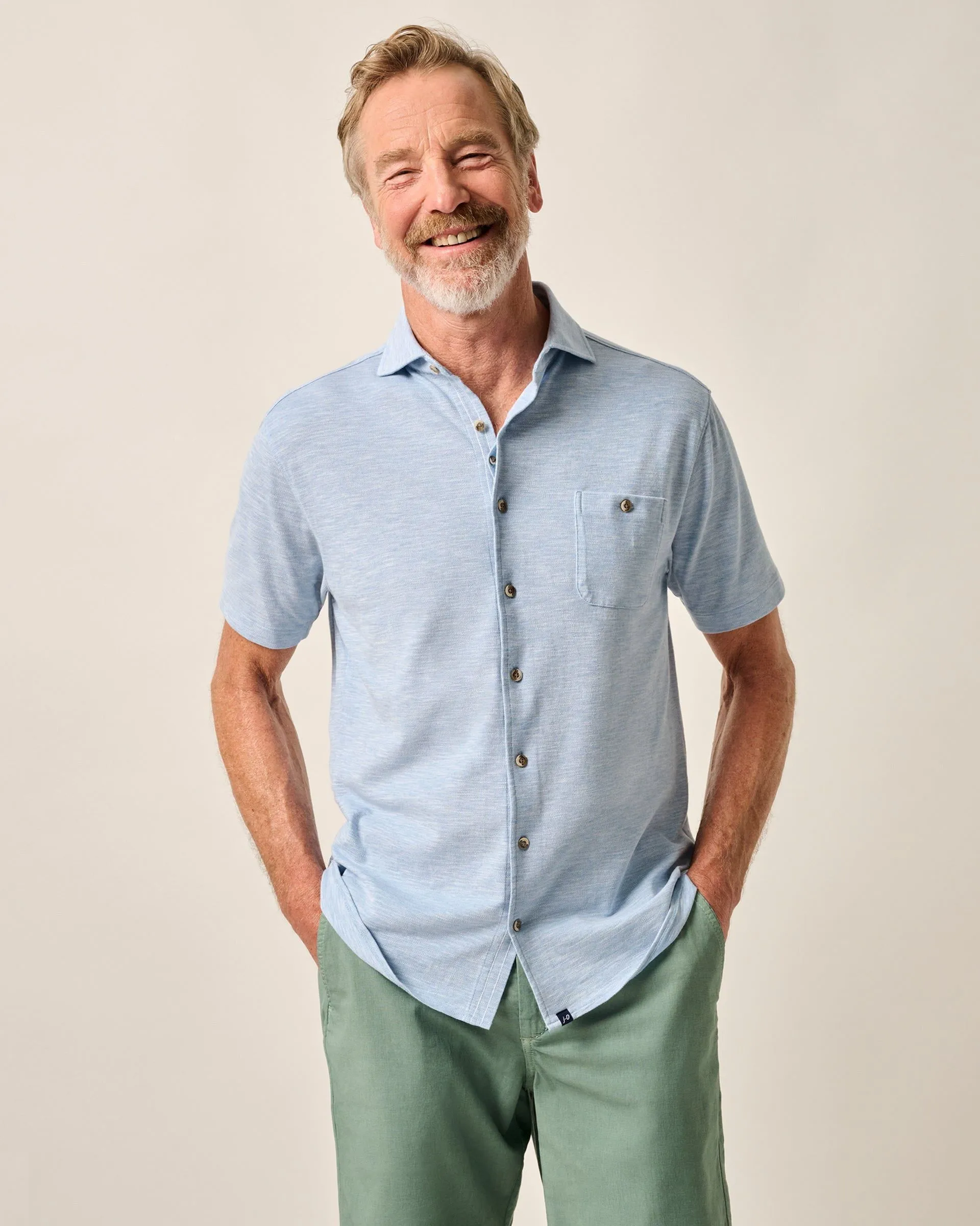 Short-Sleeve Knit Pique Button-Down Shirt - Tasca