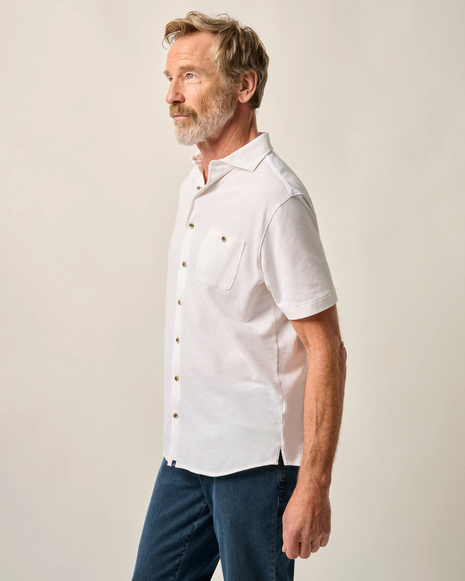 Short-Sleeve Knit Pique Button-Down Shirt - Tasca
