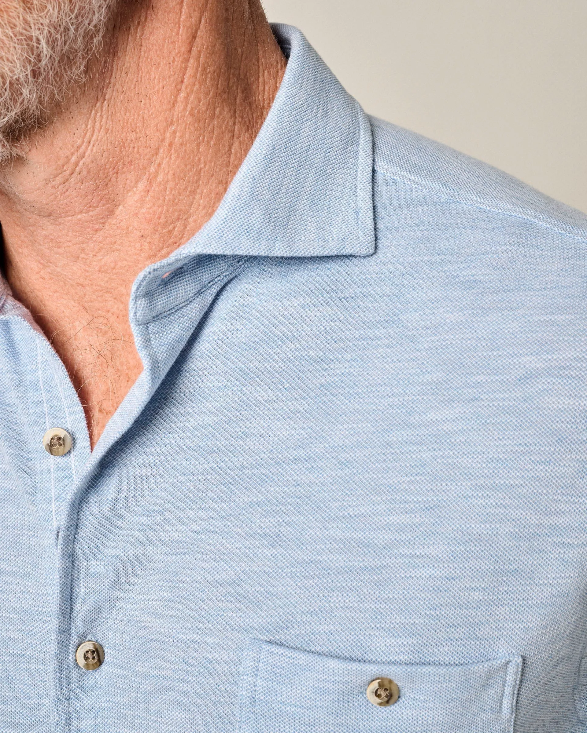 Short-Sleeve Knit Pique Button-Down Shirt - Tasca