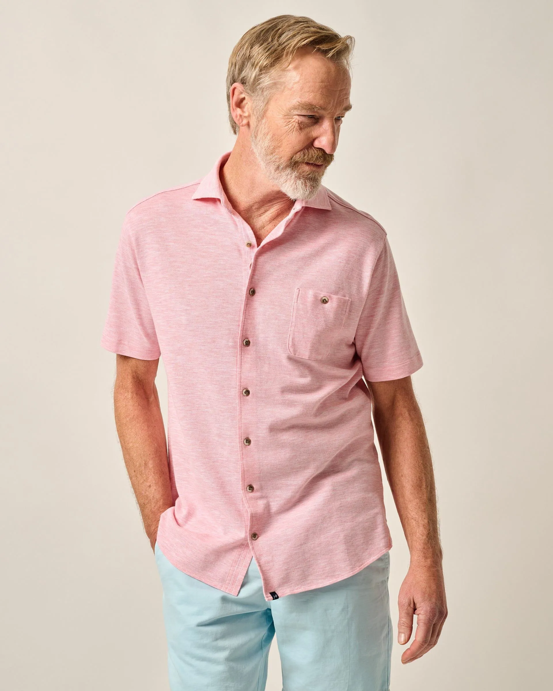 Short-Sleeve Knit Pique Button-Down Shirt - Tasca
