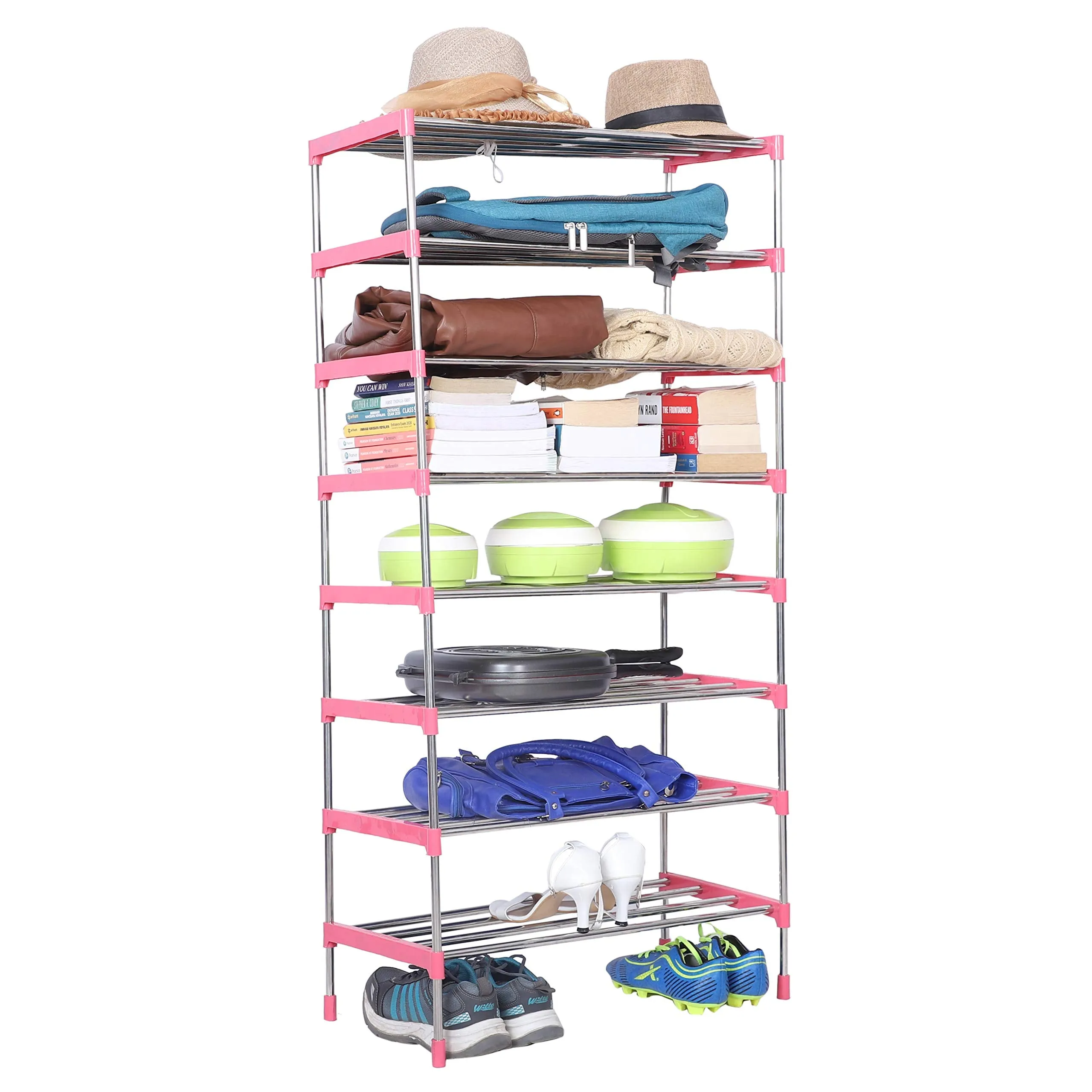 Three Secondz Steel shoe rack | plastic shoe rack | rack for home | iron shoe rack | metal shoe rack | steel shoe rack for home | shoe rack plastic (8 Layers, Pink)